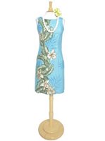 Hilo Hattie Orchid Panel Light Blue Rayon Piping Neck Short Dress