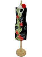Hilo Hattie Orchid Panel Black Rayon Piping Neck Short Dress