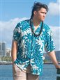 Paradise Found Tahitian Gardenia Teal Rayon Men&#39;s Hawaiian Shirt