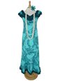 Princess Kaiulani Tube Rose Aqua&amp;Teal Poly Cotton Hawaiian Frill Sleeve Long Dress
