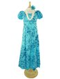 Princess Kaiulani Kukui Aqua&amp;Teal Poly Cotton Hawaiian Puff Sleeve Long Dress