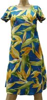 Paradise Found Watercolor Bird of Paradise Blue Rayon Hawaiian A-Line with sleeves Short Dress