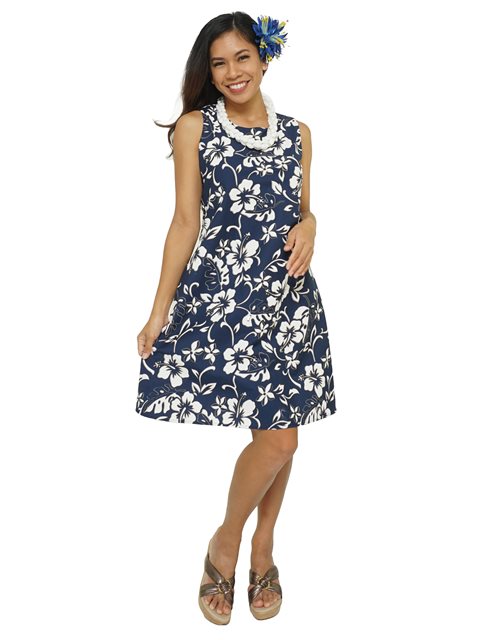 Hilo Hattie Classic Hibiscus Pareo Navy Cotton Short Sleeveless Bias Dress AlohaOutlet