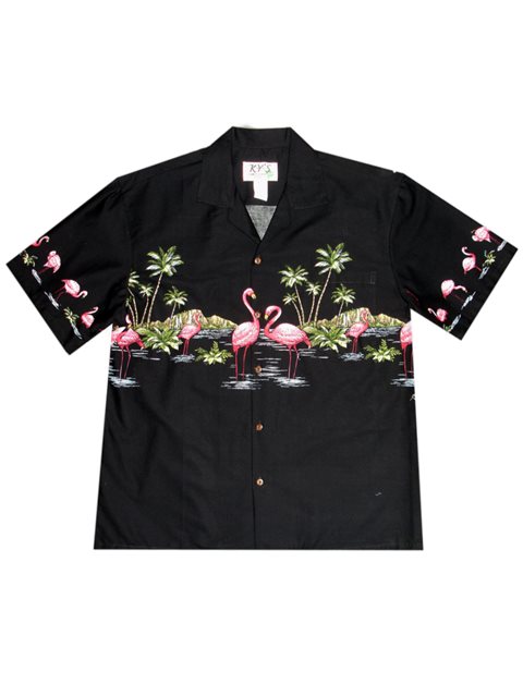 Ky S メンズ アロハ シャツ ボーダー フラミンゴ ブラック コットン Alohaoutlet アロハアウトレット