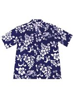 Ky's Classic Hibiscus Navy Blue Cotton Men's Hawaiian Shirt