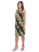 Hilo Hattie Bird of Paradise Panel Black Rayon Hawaiian Short Bias Dress