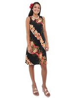 Hilo Hattie Pineapple Panel Black Rayon Hawaiian Short  Bias-Cut Dress