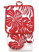 Island Heritage Hibiscus Floral Red Oven Mitt & Potholder set