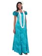 Anuenue Monstera Teal Poly Cotton Frill Puff Sleeve Long Dress
