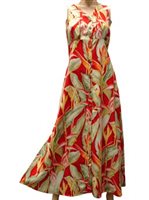Paradise Found Heliconia Red Rayon Hawaiian Long Dress