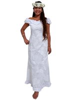 Anuenue Monstera White Poly Cotton Hawaiian Nahenahe Ruffle Long Muumuu Dress