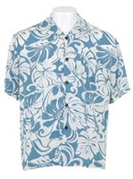 Royal Hawaiian Creations Hibiscus Monstera Light Blue Rayon Men's Hawaiian Shirt