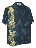 Pacific Legend Tropical Plant Panel Navy Cotton Men's Hawaiian Shirt