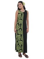 Hilo Hattie Prince Kuhio Black&Green Rayon Piping Neck Long Dress