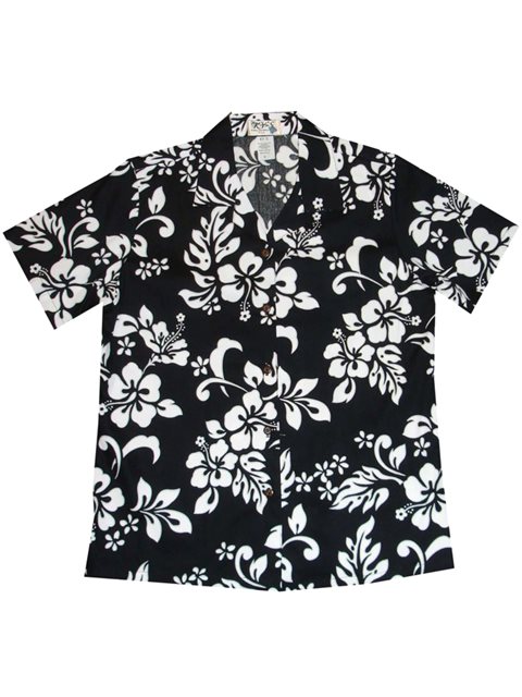 KY'S Classic Hibiscus Black Cotton Women's Hawaiian Shirt , M