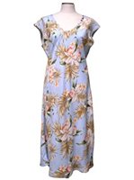 Ky's Blooming Orchid Blue Rayon Hawaiian Midi Dress