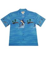 Ky's Jumping Marlin Navy Blue Cotton Poplin Men's Hawaiian Shirt