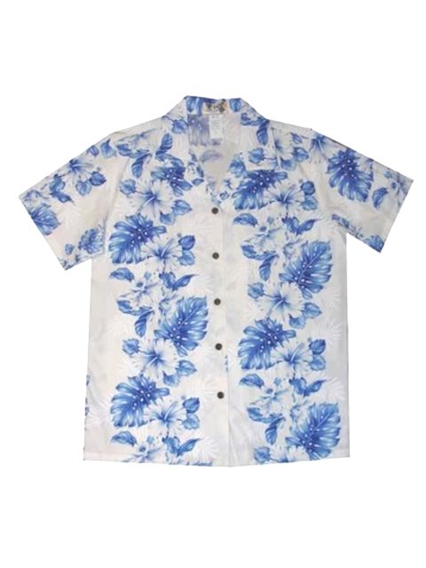 Ky's Floral Lei White w/Navy Blue Cotton Women's Hawaiian Shirt