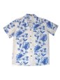 Ky&#39;s Floral Lei White w/Navy Blue Cotton Women&#39;s Hawaiian Shirt