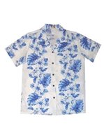 Ky's Floral Lei White w/Navy Blue Cotton Women's Hawaiian Shirt