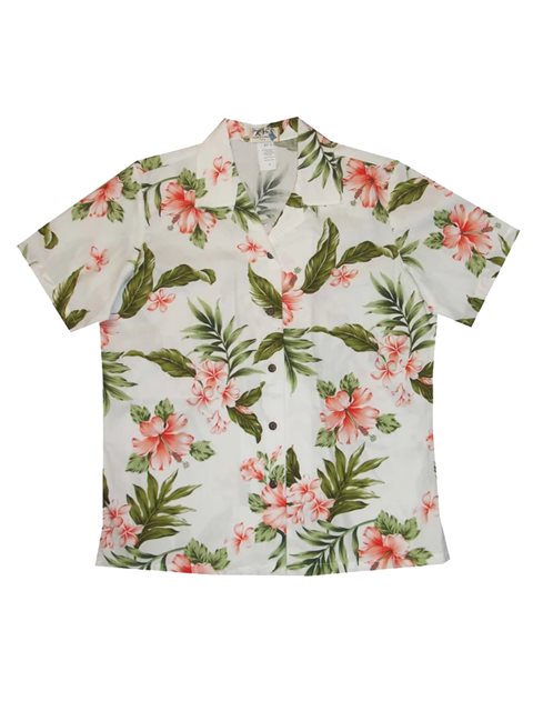 Ky S レディース アロハ シャツ ハイビスカスガーデン ホワイト コーラル コットン Alohaoutlet アロハアウトレット