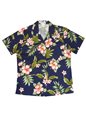 Ky&#39;s Hibiscus Garden Navy Blue w/Coral Cotton Women&#39;s Hawaiian Shirt
