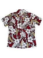 Ky's Hibiscus and Surfboard Red Cotton Women's Hawaiian Shirt