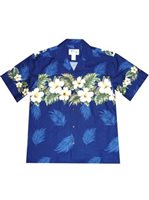 Ky's Hibiscus Row (Colored)  Navy Blue Cotton Poplin Men's Hawaiian Shirt