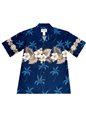 Ky&#39;s Hibiscus Row  Navy Blue Cotton Poplin Men&#39;s Hawaiian Shirt