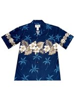 Ky's Hibiscus Row  Navy Blue Cotton Poplin Men's Hawaiian Shirt