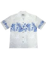 Ky's Hibiscus Row  White & Navy Cotton Poplin Men's Hawaiian Shirt