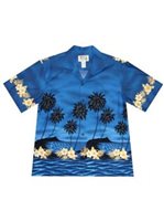 Ky's Palm Tree Silhoutte Navy Blue Cotton Poplin Men's Hawaiian Shirt