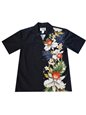 Ky&#39;s Orchid &amp; Plumeria Side Panel Black Cotton Poplin Men&#39;s Hawaiian Shirt