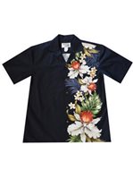Ky's Orchid & Plumeria Side Panel Black Cotton Poplin Men's Hawaiian Shirt