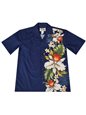 Ky&#39;s Orchid &amp; Plumeria Side Panel Navy Cotton Poplin Men&#39;s Hawaiian Shirt