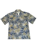 Ky's Palm Leaf Panel Navy Blue Cotton Poplin Men's Hawaiian Shirt