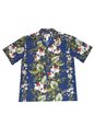 Ky&#39;s Orchid &amp; Bamboo Leaves Navy Blue Cotton Poplin Men&#39;s Hawaiian Shirt