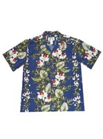 Ky's Orchid & Bamboo Leaves Navy Blue Cotton Poplin Men's Hawaiian Shirt