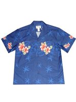 Ky's Hibiscus & Palm Tree Navy Blue Cotton Poplin Men's Hawaiian Shirt