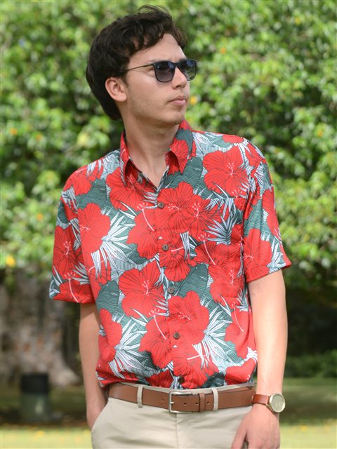 Coral of the Sea Hibiscus Palm Red Polyester Men's Hawaiian Shirt |  AlohaOutlet