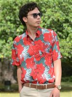 Coral of the Sea Hibiscus Palm Red Polyester Men's Hawaiian Shirt