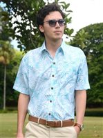 Coral of the Sea White Fern Aqua Blue Polyester Men's Hawaiian Shirt