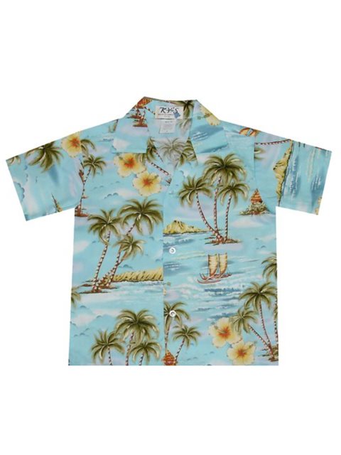 KY'S Vintage Hibiscus Blue Cotton Poplin Boy's Hawaiian Shirt , S