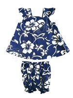 Hilo Hattie Classic Hibiscus Pareo Navy Blue Cotton Girls Cap Sleeve Set