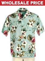 [Wholesale] Royal Hawaiian Creations Hibiscus & Monstera Light Blue Rayon Men's Hawaiian Shirt