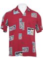 Two Palms Postcard Red Rayon Men&#39;s Hawaiian Shirt