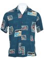 Two Palms Postcard Navy Rayon Men&#39;s Hawaiian Shirt