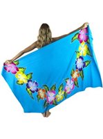 [Re-Stock] Sarong King Hibiscus Lei Turquoise Hand Print Pareo with Pareo Holder