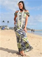 [Exclusive] Anuenue Monstera Leaf Lime&Charcoal  Poly Cotton Hawaiian Nahenahe Ruffle Long Muumuu Dress