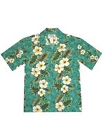 Ky's Hibiscus Panel Green Cotton Poplin Men's Hawaiian Shirt